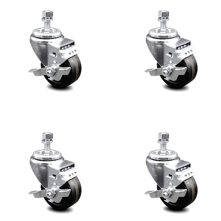 Service Caster 3 Inch Phenolic Wheel Swivel 1/2 Inch Threaded Stem Caster Set with Brake SCC SCC-TS20S314-PHR-TLB-121315-4